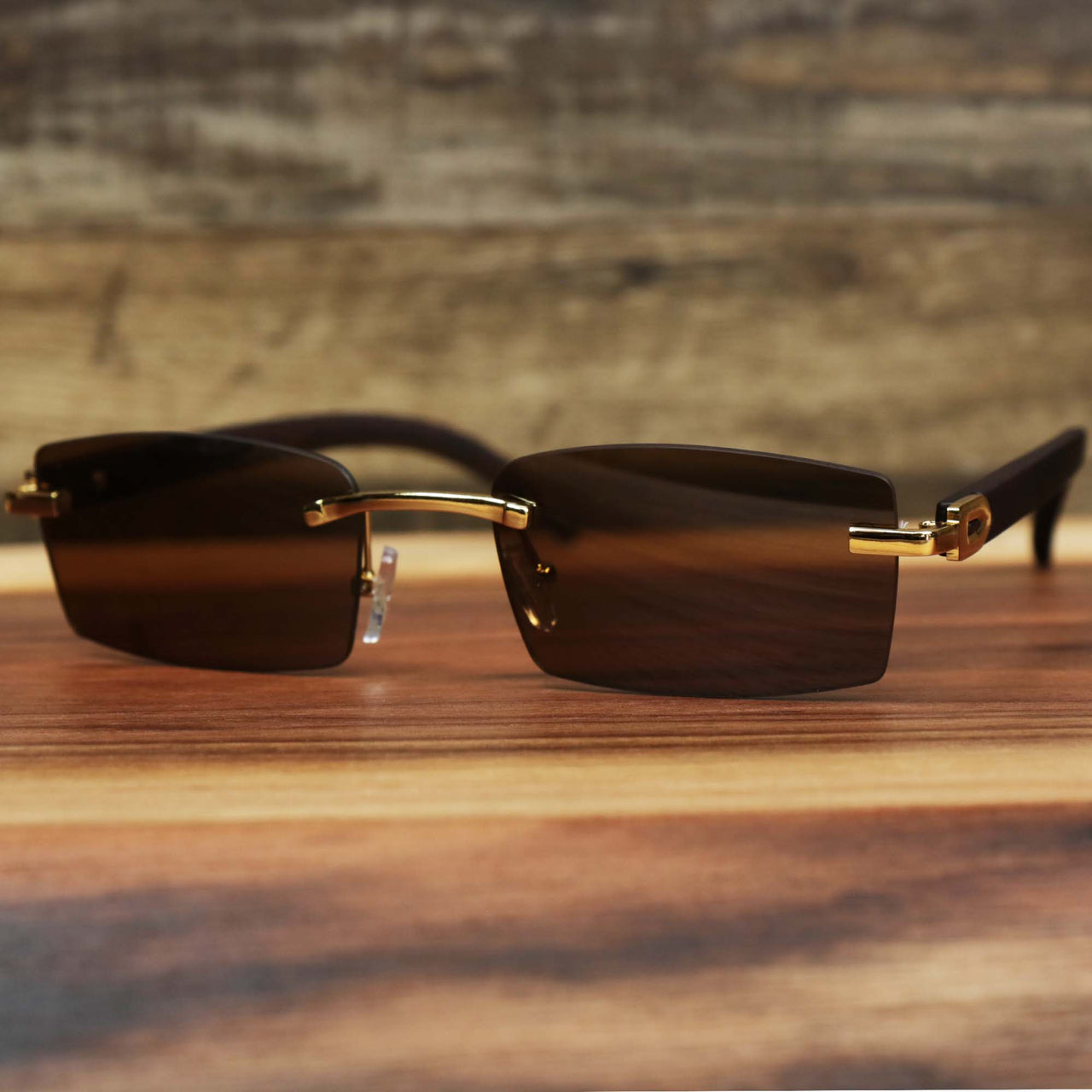 The Rectangle Wood and Metal Frame Brown Lens Sunglasses with Gold Frame