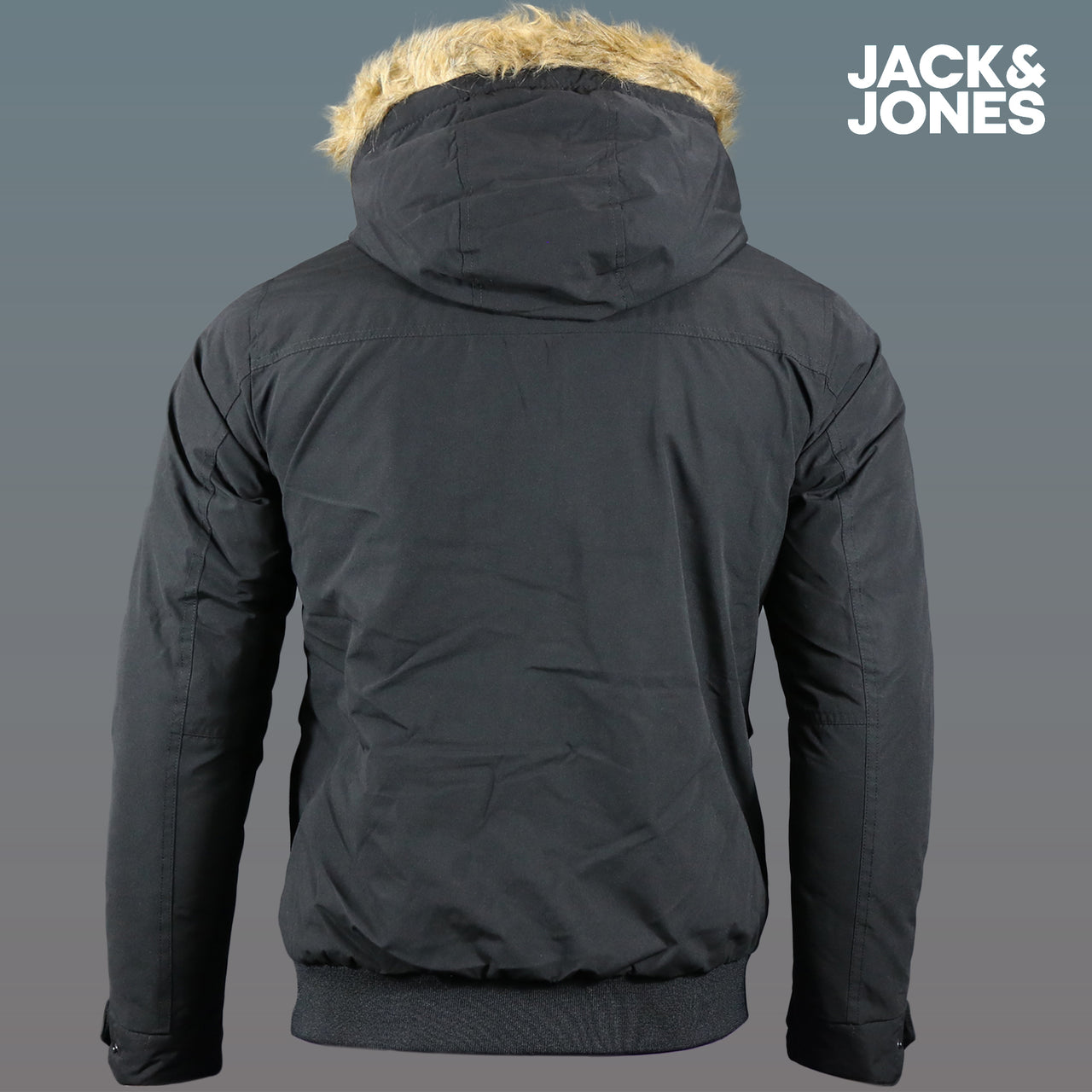 The backside of the Meeko Fur Hood Recycled Polyester Linner Bomber Jacket | Black Bomber Jacket