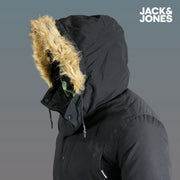 The Hood on the Meeko Fur Hood Recycled Polyester Linner Bomber Jacket | Black Bomber Jacket