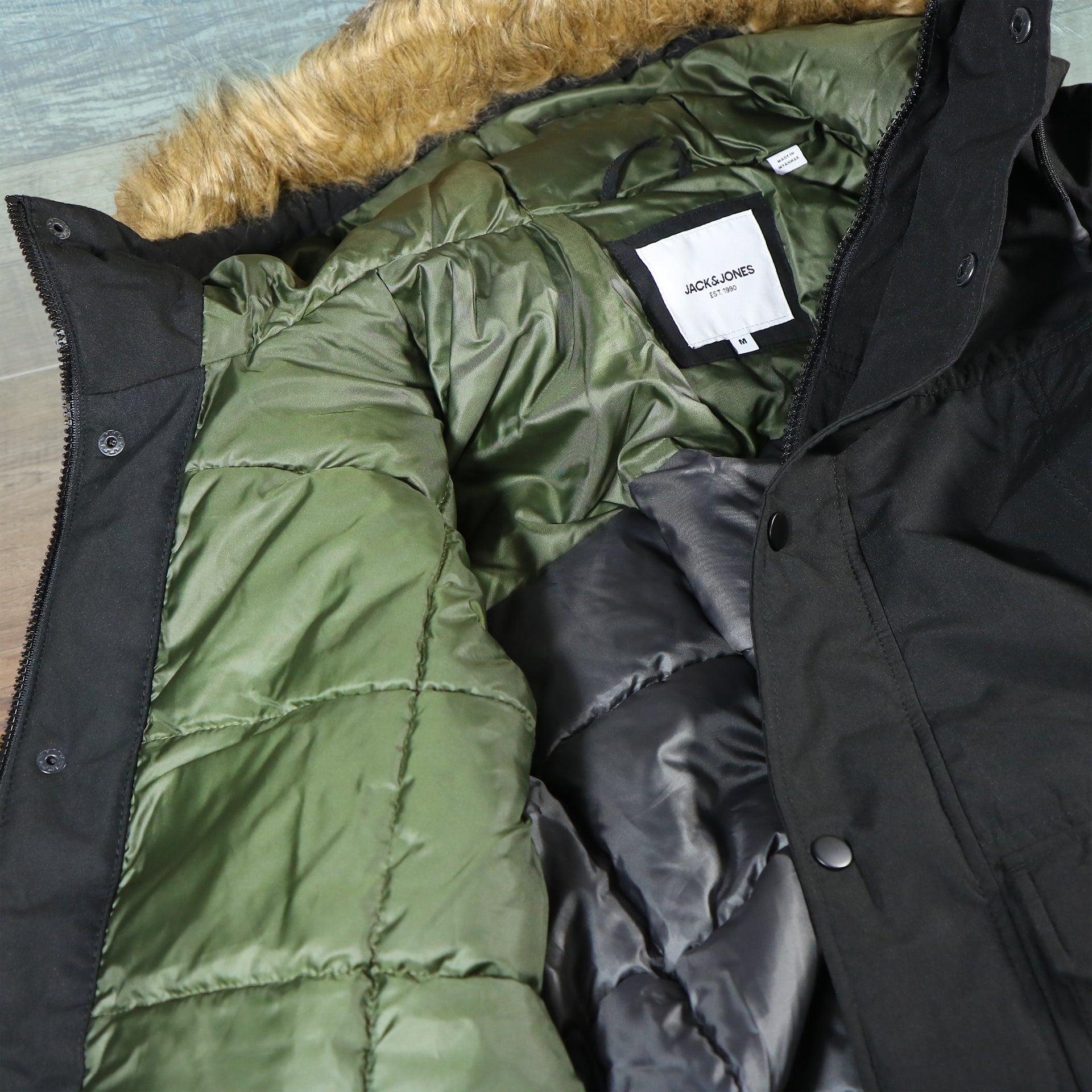 The Liner on the Meeko Fur Hood Recycled Polyester Linner Bomber Jacket | Black Bomber Jacket