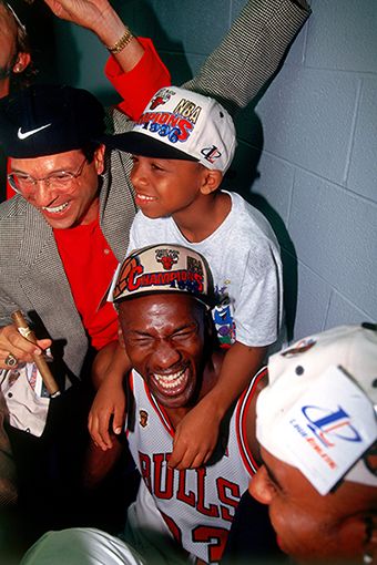 Jordan wearing the Chicago Bulls Vintage Retro NBA Champions 1996 Mitchell and Ness Snapback Hat | White