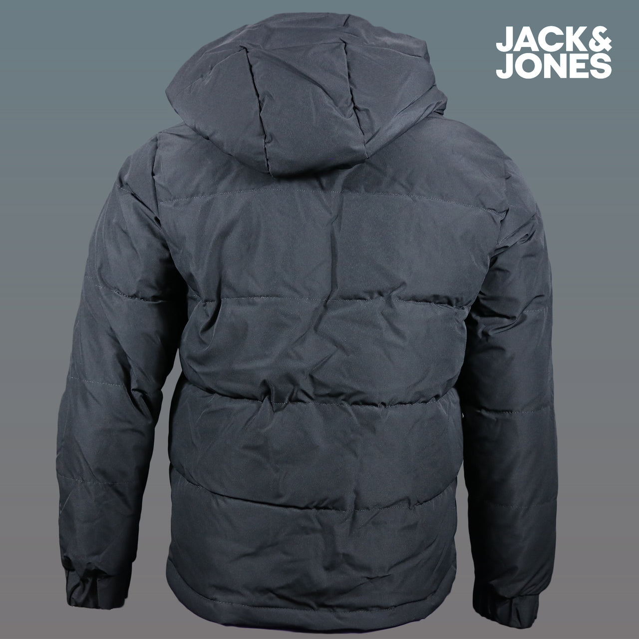The backside of the Jack And Jones Jet Black Puffer Jacket With Hidden Pocket | Black Puffer Jacket