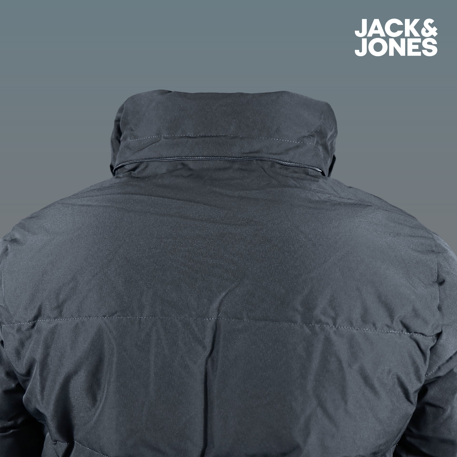 A close up of the Jack And Jones Jet Black Puffer Jacket With Hidden Pocket | Black Puffer Jacket