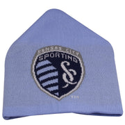 on the front of the sporting kansas city rooftop cuffless beanie is the sporting KC logo knit in navy blue, white, and gray