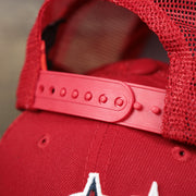 The Red Adjustable Strap on the Anaheim Angels Metallic All Star Game MLB 2022 Side Patch 9Fifty Mesh Snapback | ASG 2022 Red Trucker Hat