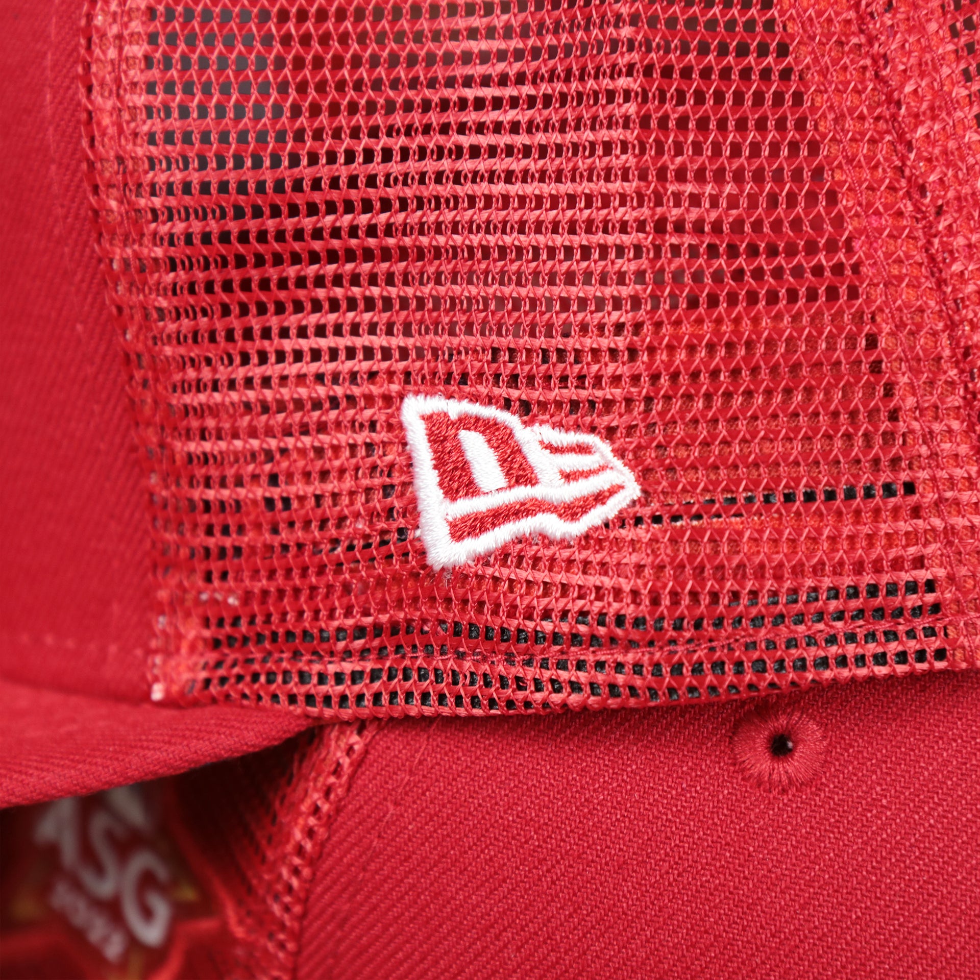 The New Era Logo on the Anaheim Angels Metallic All Star Game MLB 2022 Side Patch 9Fifty Mesh Snapback | ASG 2022 Red Trucker Hat