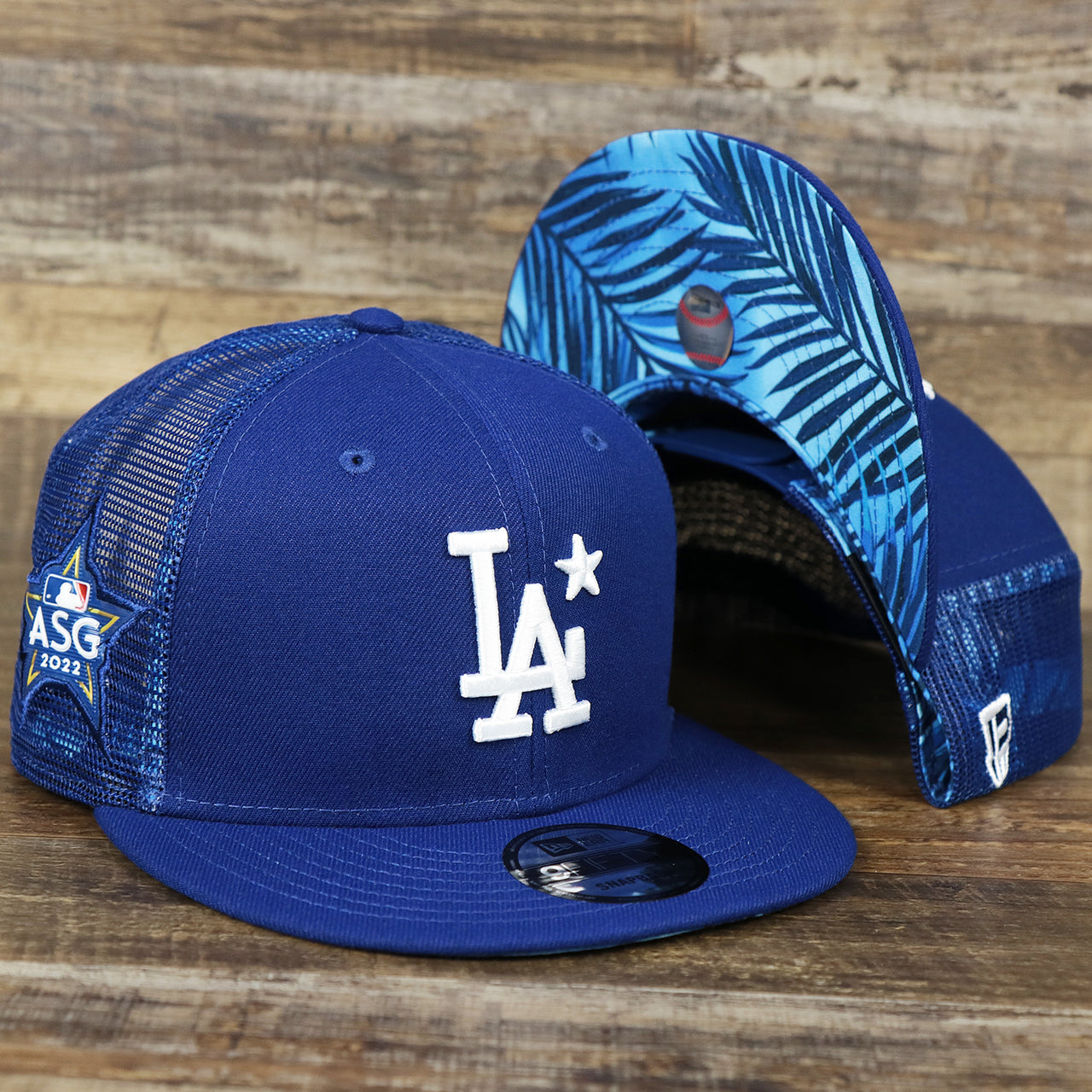 The Los Angeles Dodgers Metallic All Star Game MLB 2022 Side Patch 9Fifty Mesh Snapback | ASG 2022 Royal Blue Trucker Hat