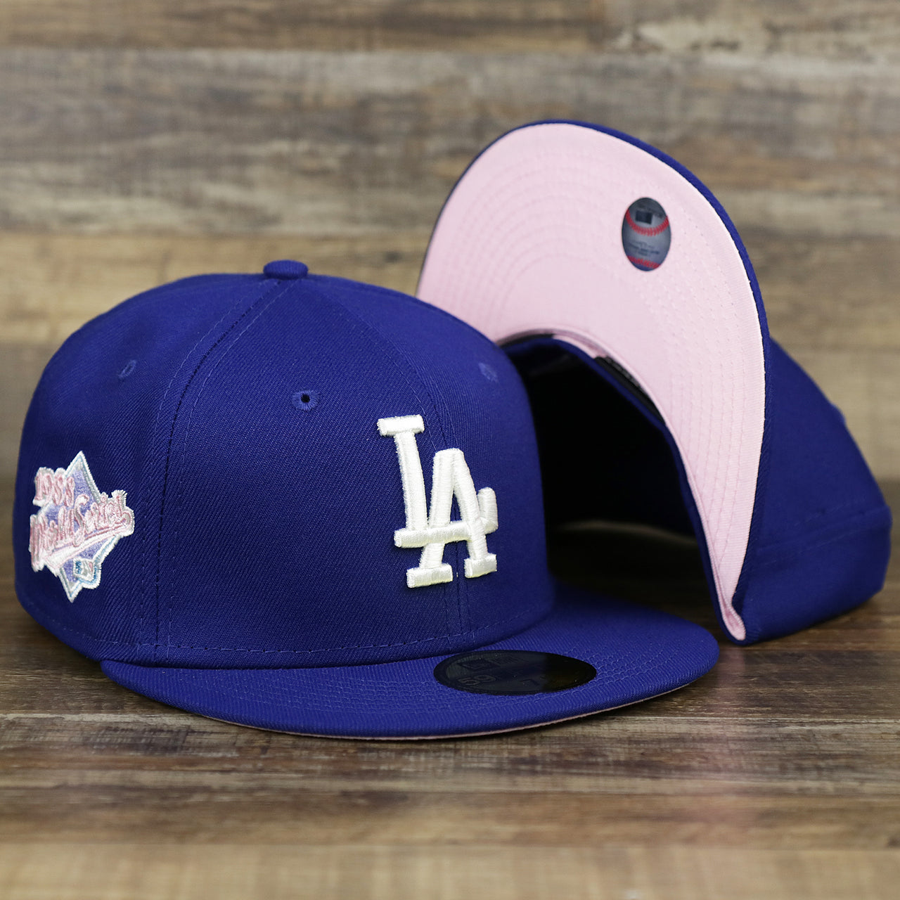 The Los Angeles Dodgers Pop Sweat Pastel World Series Side Patch Fitted Cap With Pink Undervisor | Royal Blue 59Fifty Cap