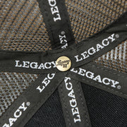 The Legacy Engraved Button on the Youth New Jersey Ocean City Sunset Mesh Back Trucker Hat | Black And Grey Mesh Youth Trucker Hat
