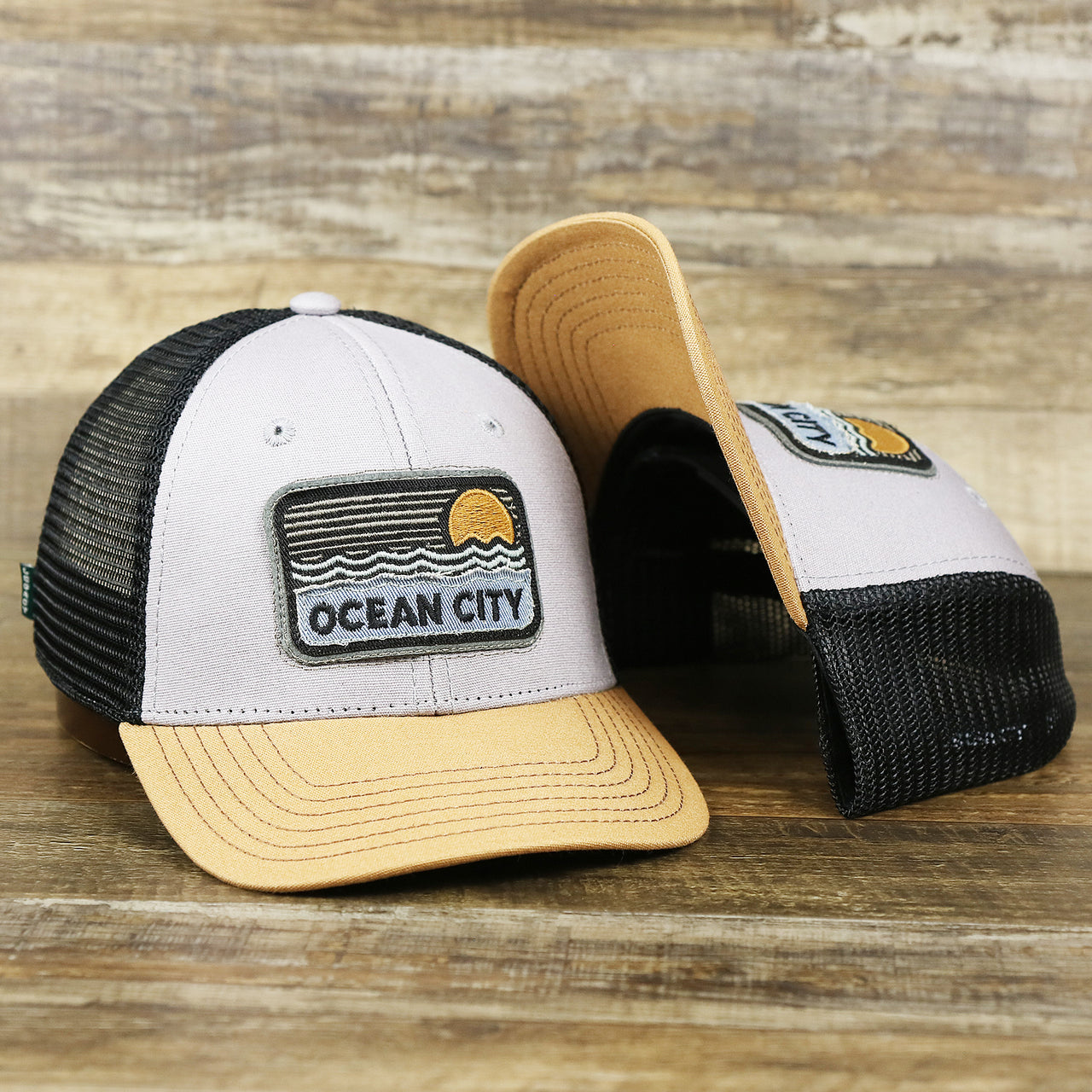 The Youth New Jersey Ocean City Sunset Mesh Back Trucker Hat | Gray And Black Mesh Youth Trucker Hat