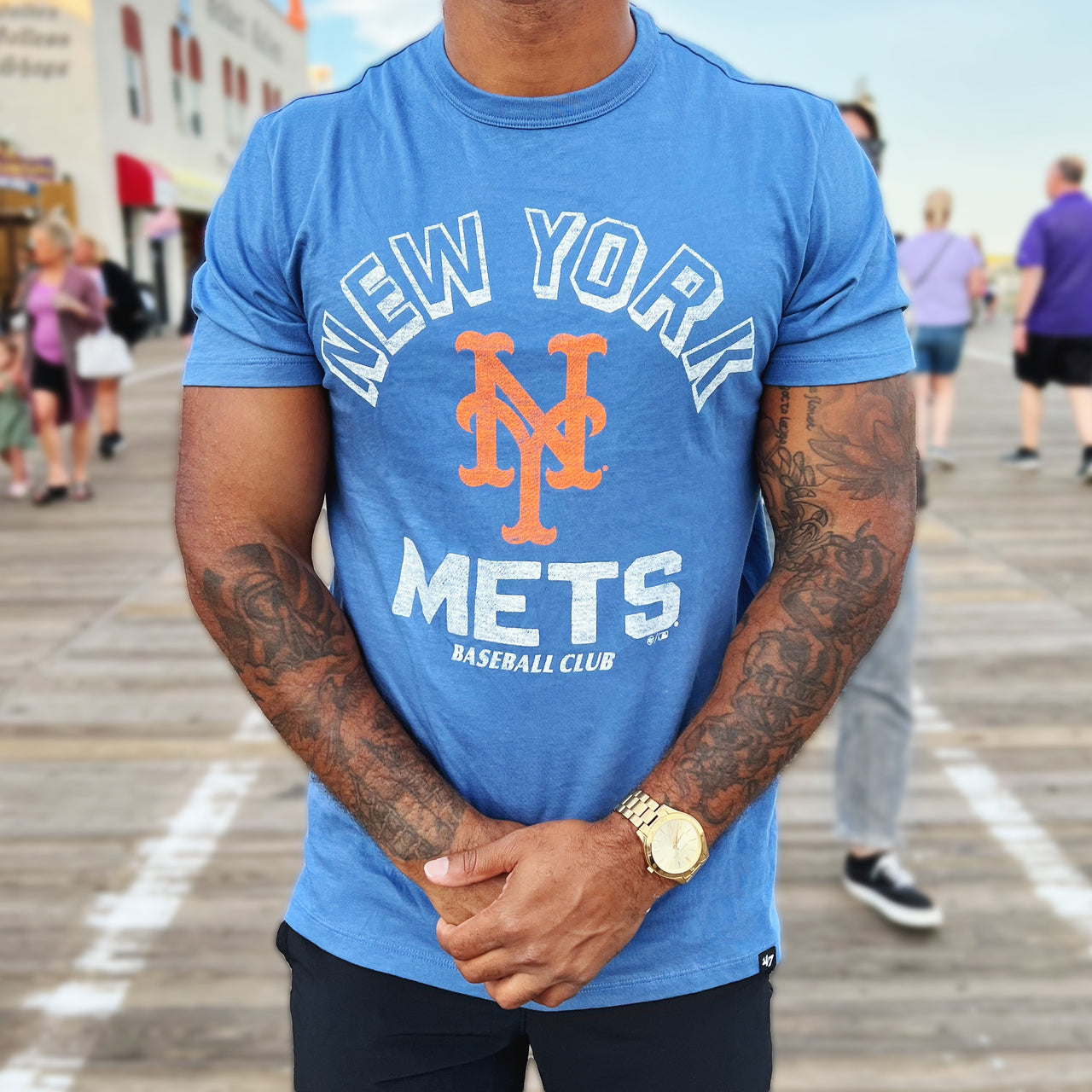 The front of the New York Mets Retrograde Franklin New York Mets Wordmark And Logo TShirt | Cadet Blue TShirt