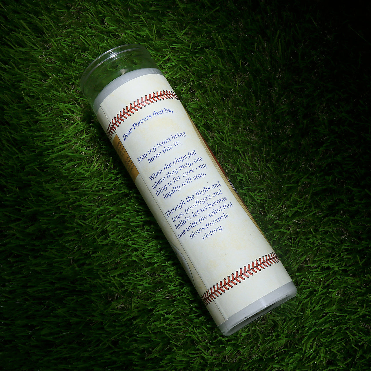 The backside of the Philadelphia Baseball Game Day Juju Unscented Prayer Candle