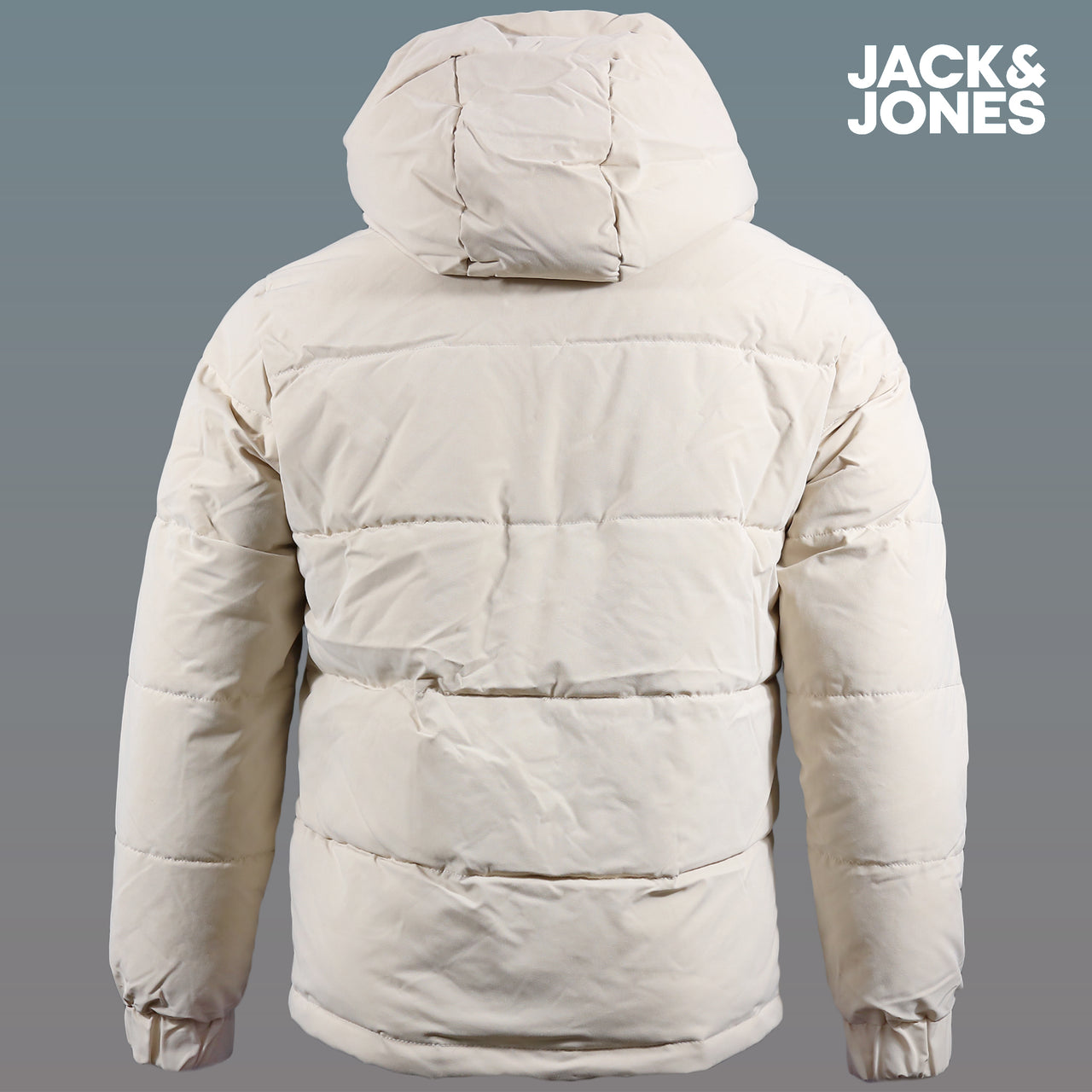 The backside of the Jack And Jones Moonbeam Puffer Jacket With Hidden Pocket | Cream Puffer Jacket