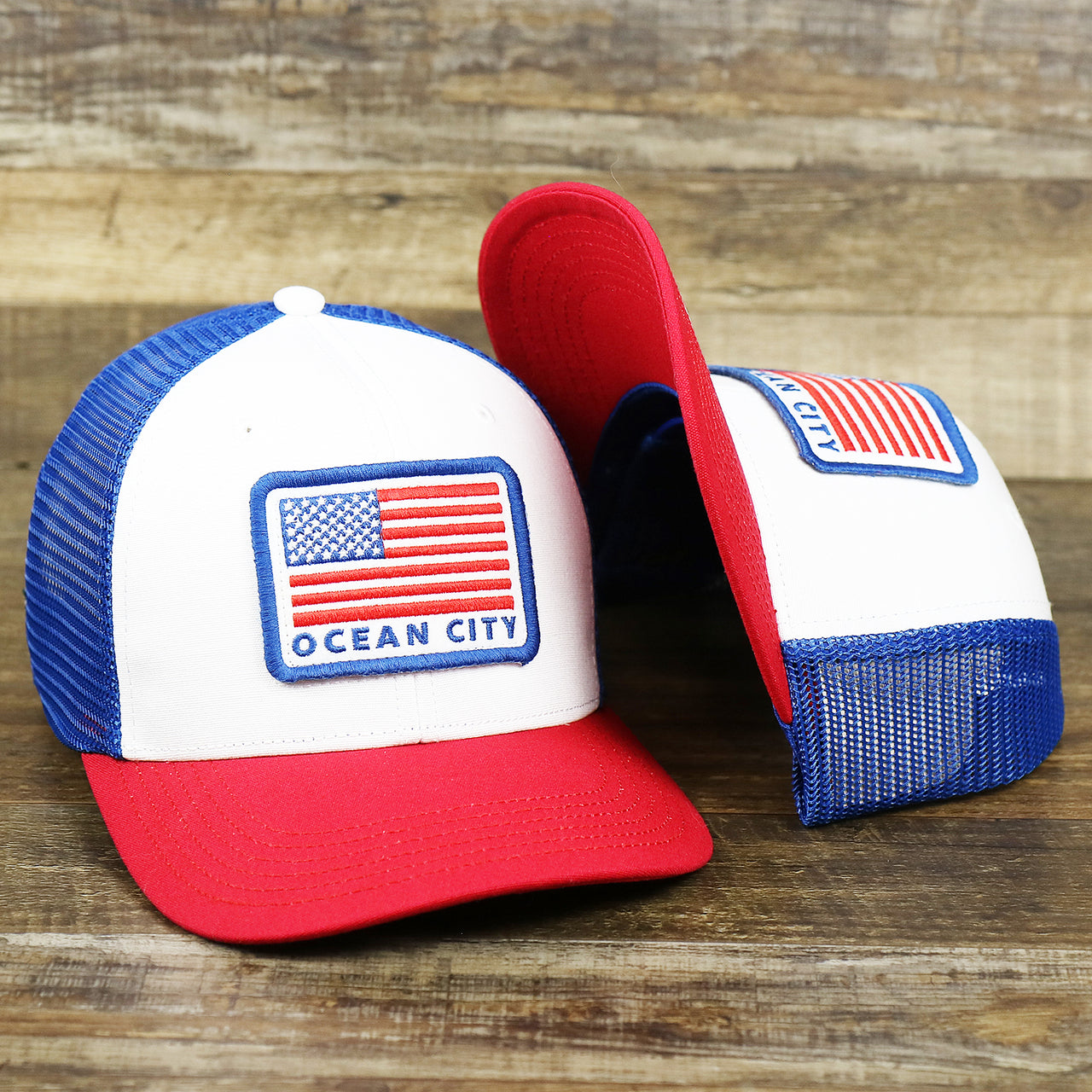 The Ocean City Stars And Stripes USA Flag Royal Blue Mesh Trucker Hat | White And Royal Blue Trucker Hat