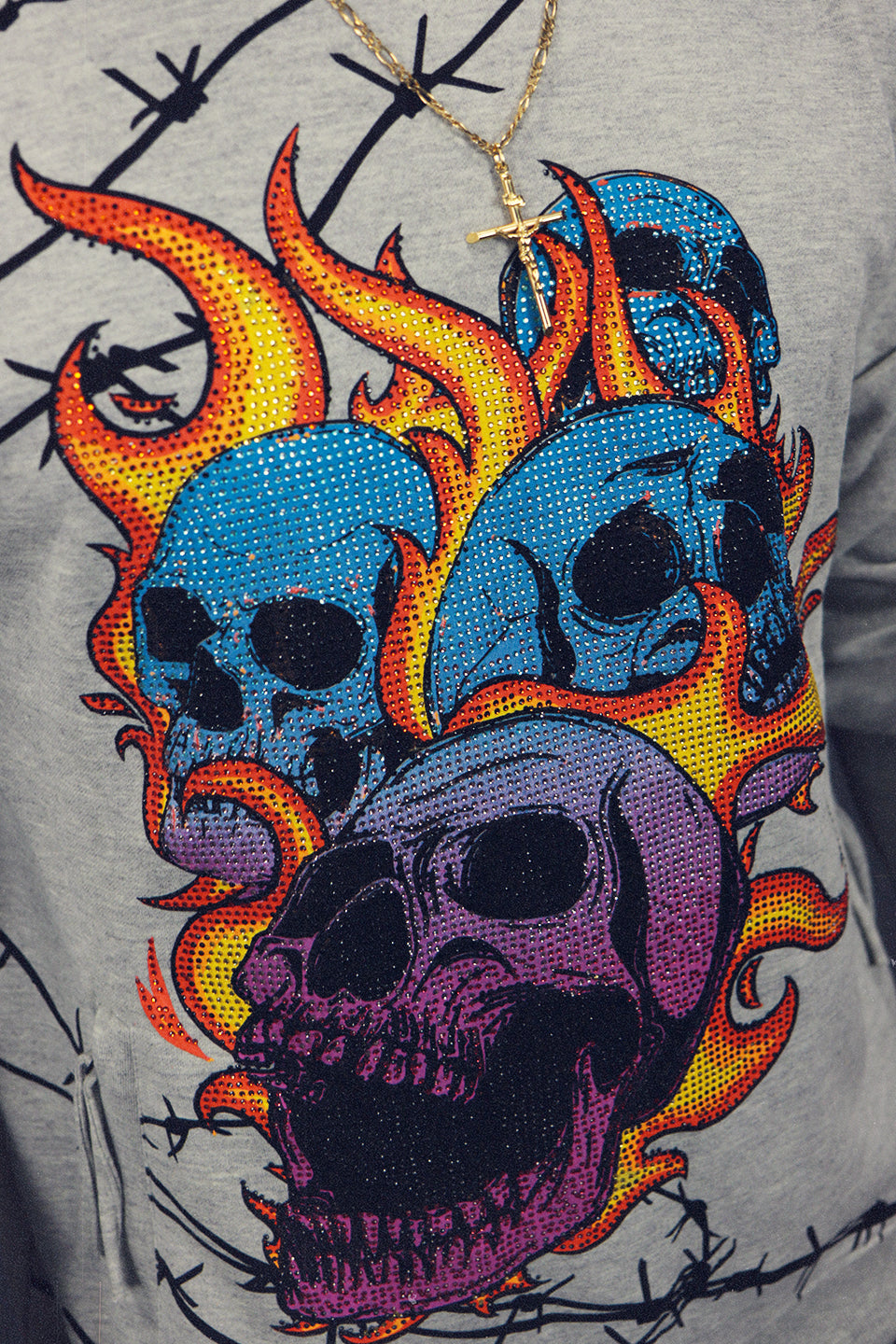 front logo on the Men's Skull Streetwear Graphic Crewneck Hype Beast Streetwear Clothing | Heather Grey