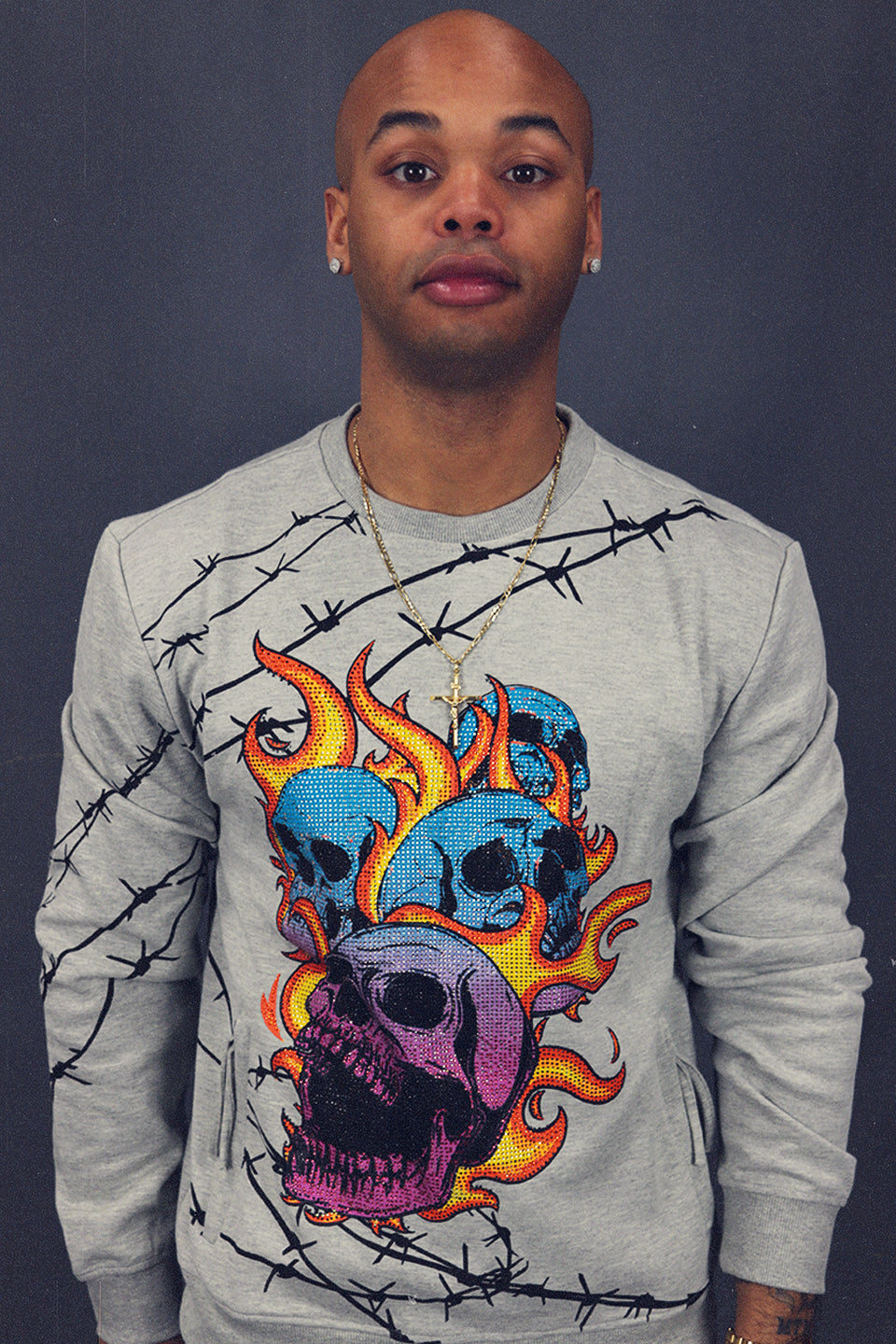 Men's Skull On Fire Hype Beast Streetwear Rhinestone Graphic Crewneck Sweatshirt| Heather Grey