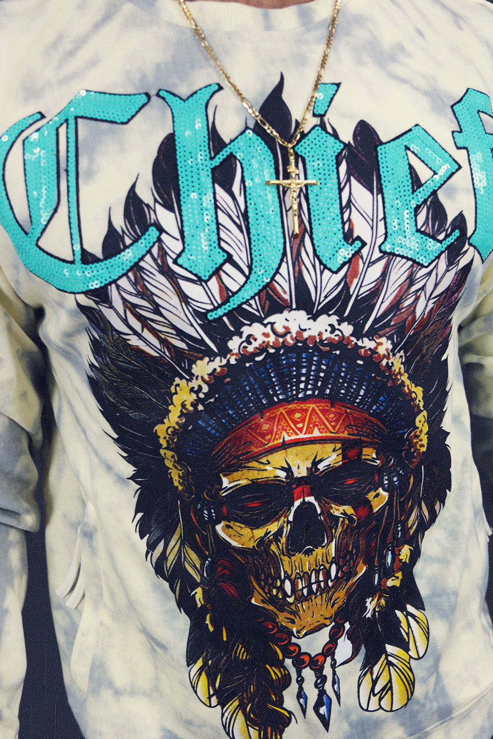 A close up of the graphic sequin design on the Men's Chieftain Skull Hype Beast Streetwear Sequin Graphic Crewneck Sweatshirt