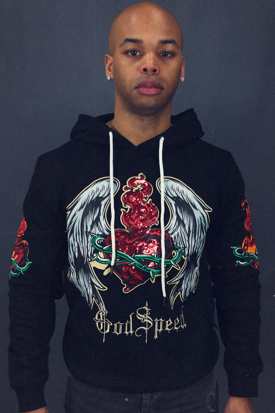 The Men's GodSpeed Hype Beast Streetwear Sequin Graphic Pullover Hoodie | Black
