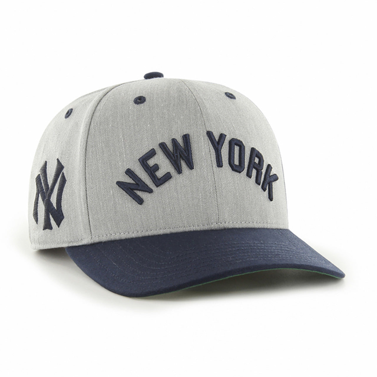 The New York Wordmark Cooperstown Green Undervisor Side Patch Retro Snapback Hat | Gray Snapback