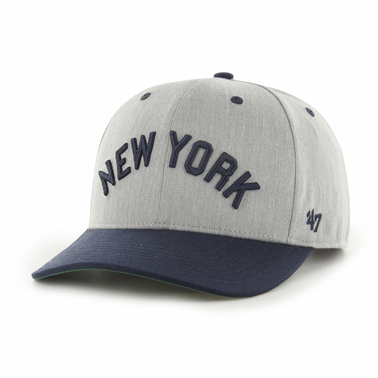 The wearer's left on the New York Wordmark Cooperstown Green Undervisor Side Patch Retro Snapback Hat | Gray Snapback