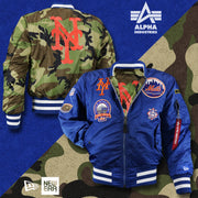 The New York Mets MLB Patch Alpha Industries Reversible Bomber Jacket With Camo Liner | Royal Blue Bomber Jacket