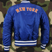 The backside of the New York Mets MLB Patch Alpha Industries Reversible Bomber Jacket With Camo Liner | Royal Blue Bomber Jacket