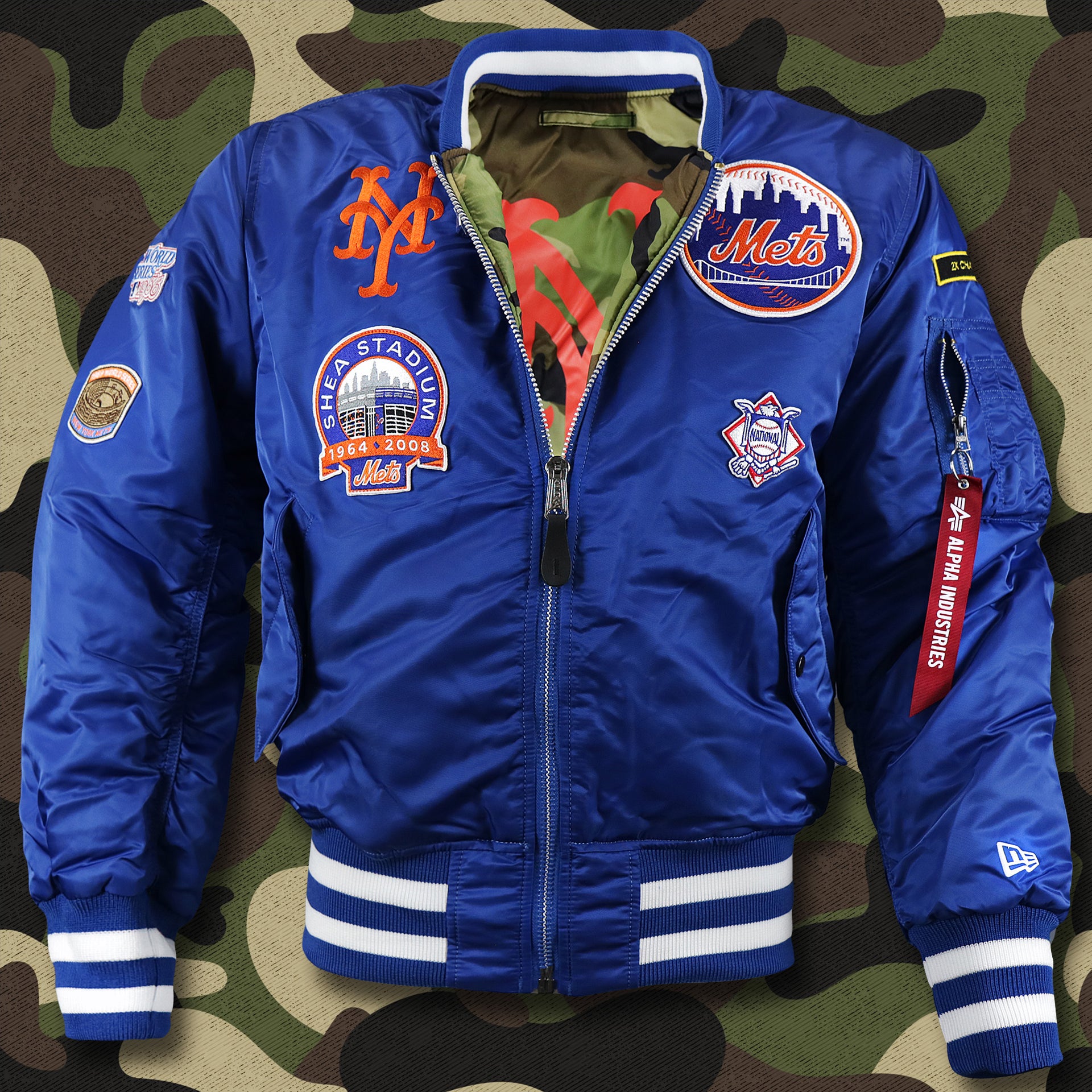 The front of the New York Mets MLB Patch Alpha Industries Reversible Bomber Jacket With Camo Liner | Royal Blue Bomber Jacket