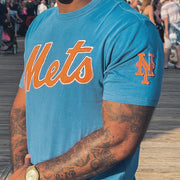 The New York Mets Logo on the New York Mets Wordmark Franklin Fieldhouse Tshirt WIth Mets Logo | Cadet Blue T-Shirt