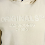 The Jack And Jones Embossed Wordmark on the Jacks And Jones Originals Embossed Fleece Moonbeam Pullover Hoodie | Cream Pullover Hoodie