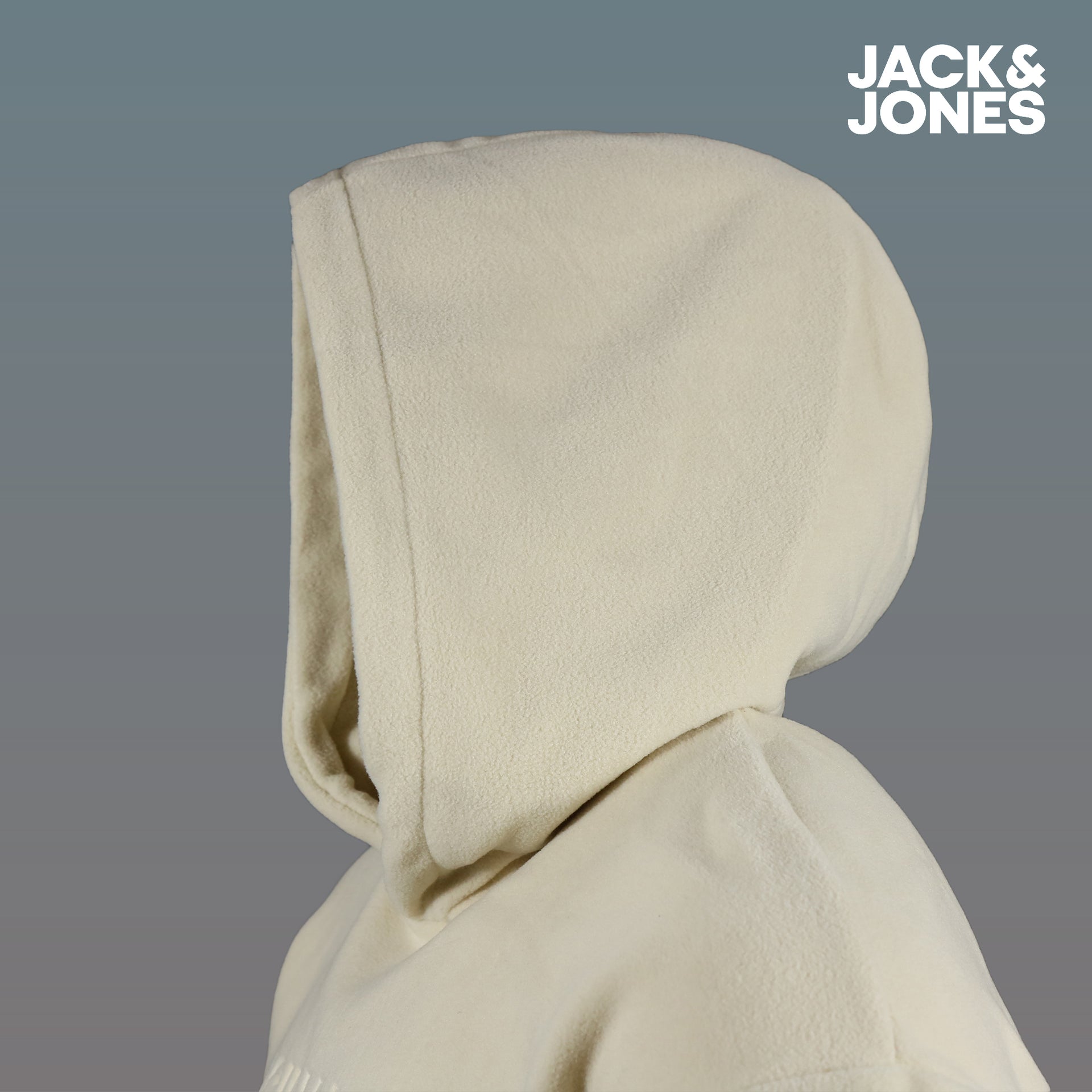 The Hood on the Jacks And Jones Originals Embossed Fleece Moonbeam Pullover Hoodie | Cream Pullover Hoodie