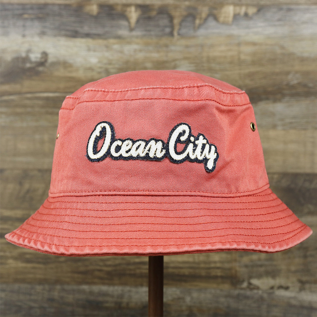 The White OCNJ Double Wordmark Navy Blue Outline Bucket Hat | Nantucket Red Bucket Hat