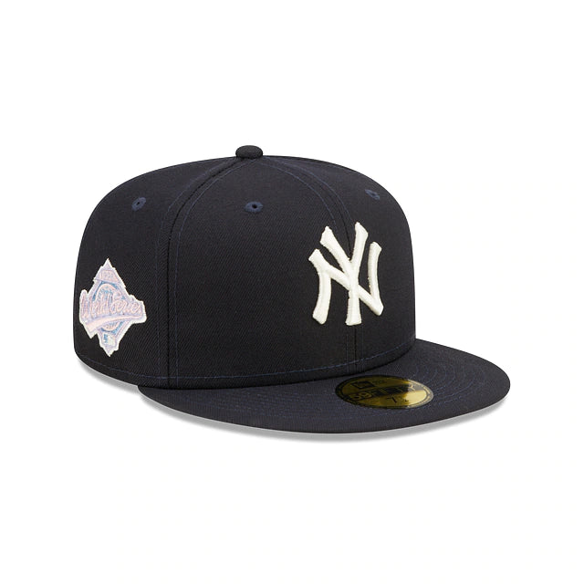 The New York Yankees Pop Sweat Pastel World Series Side Patch Fitted Cap With Pink Undervisor | Navy Blue 59Fifty Cap