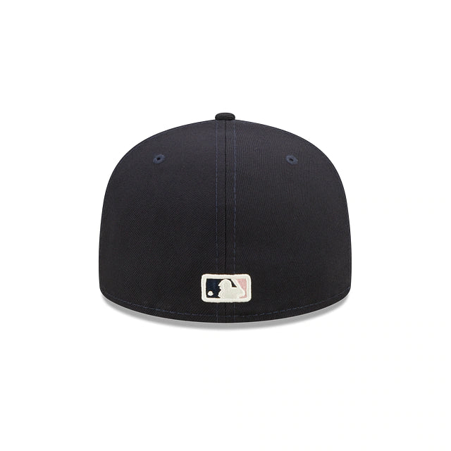 The backside of the New York Yankees Pop Sweat Pastel World Series Side Patch Fitted Cap With Pink Undervisor | Navy Blue 59Fifty Cap