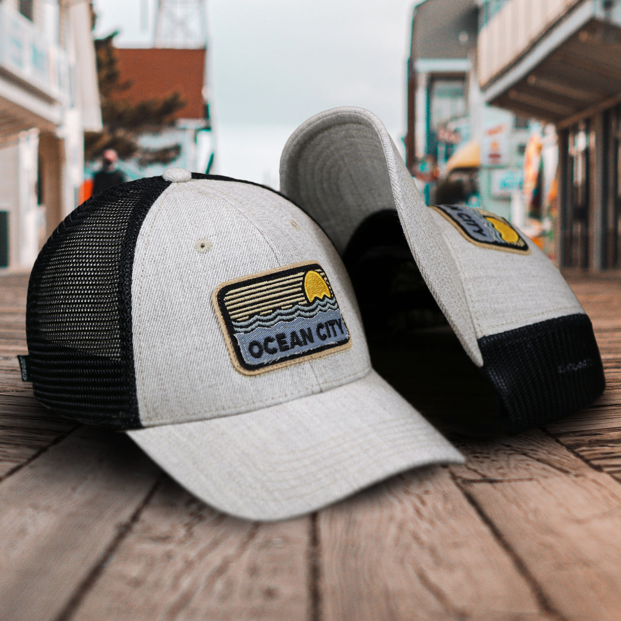 The New Jersey Ocean City Sunset Mesh Back Trucker Hat | Heather Tan And Black Mesh Trucker Hat