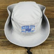 The Ocean City New Jersey Wordmark Since 1897 Bucket Hat | Shark Grey Bucket Hat with the sides pinned up