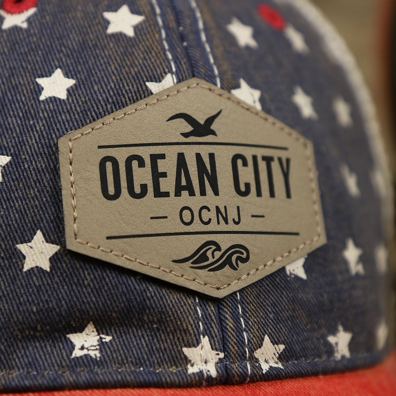 Ocean City New Jersey Leather Patch Stars And Stripes Design Vintage Trucker Hat | Washed Navy Blue Trucker Hat