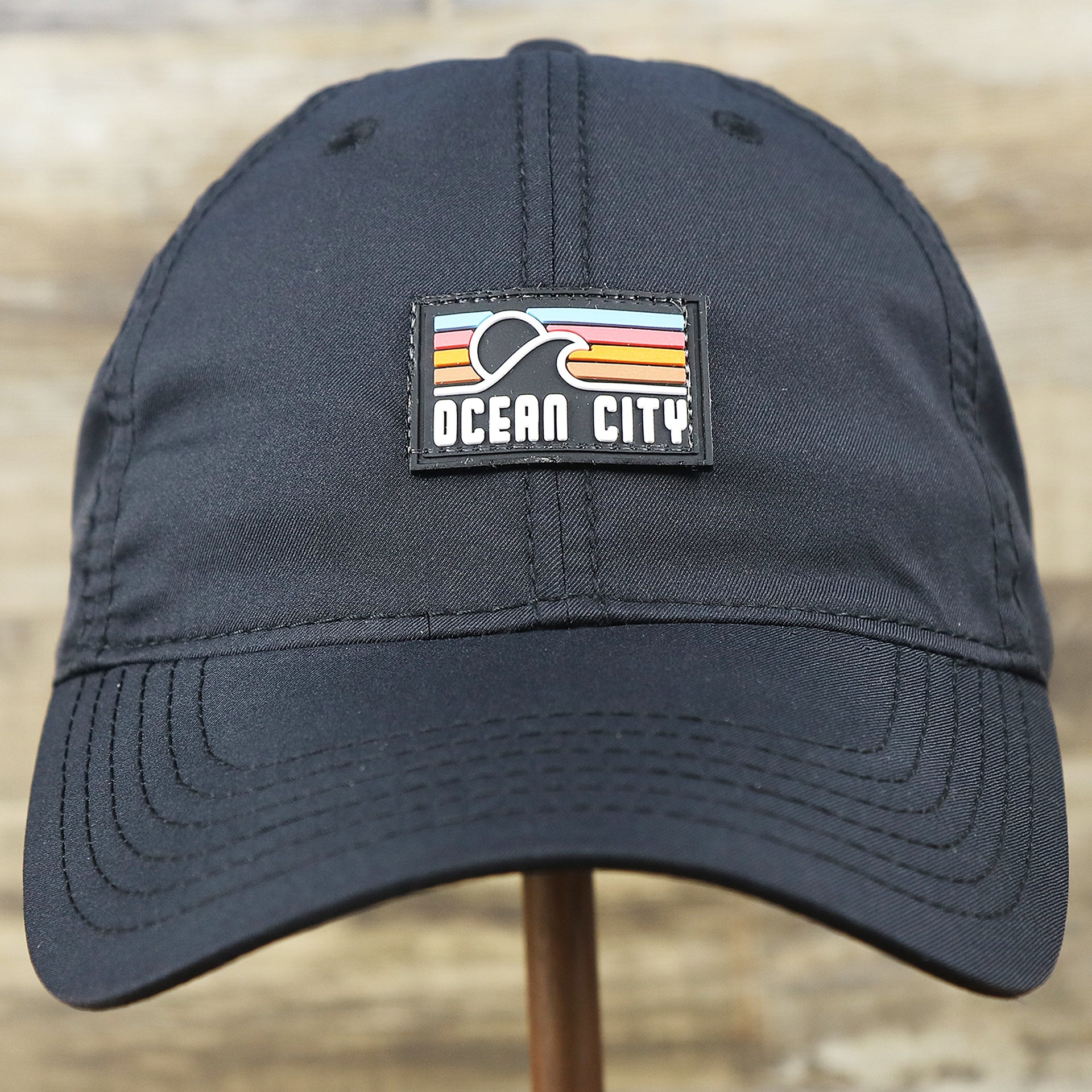 The front of the New Jersey High Point PVC Ocean City Rubber Patch Cool Fit Adjustable Dad Hat | Black Dad Hat