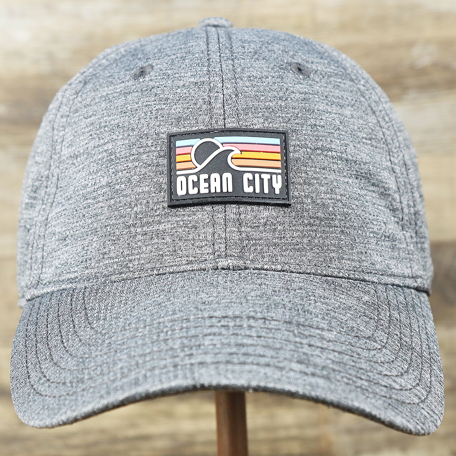 The front of the New Jersey High Point PVC Ocean City Rubber Patch Cool Fit Adjustable Dad Hat | Performance Gray Dad Hat