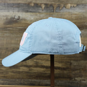 The wearer's left on the Pink OCNJ Wordmark White Outline Dad Hat | Light Blue Dad Hat
