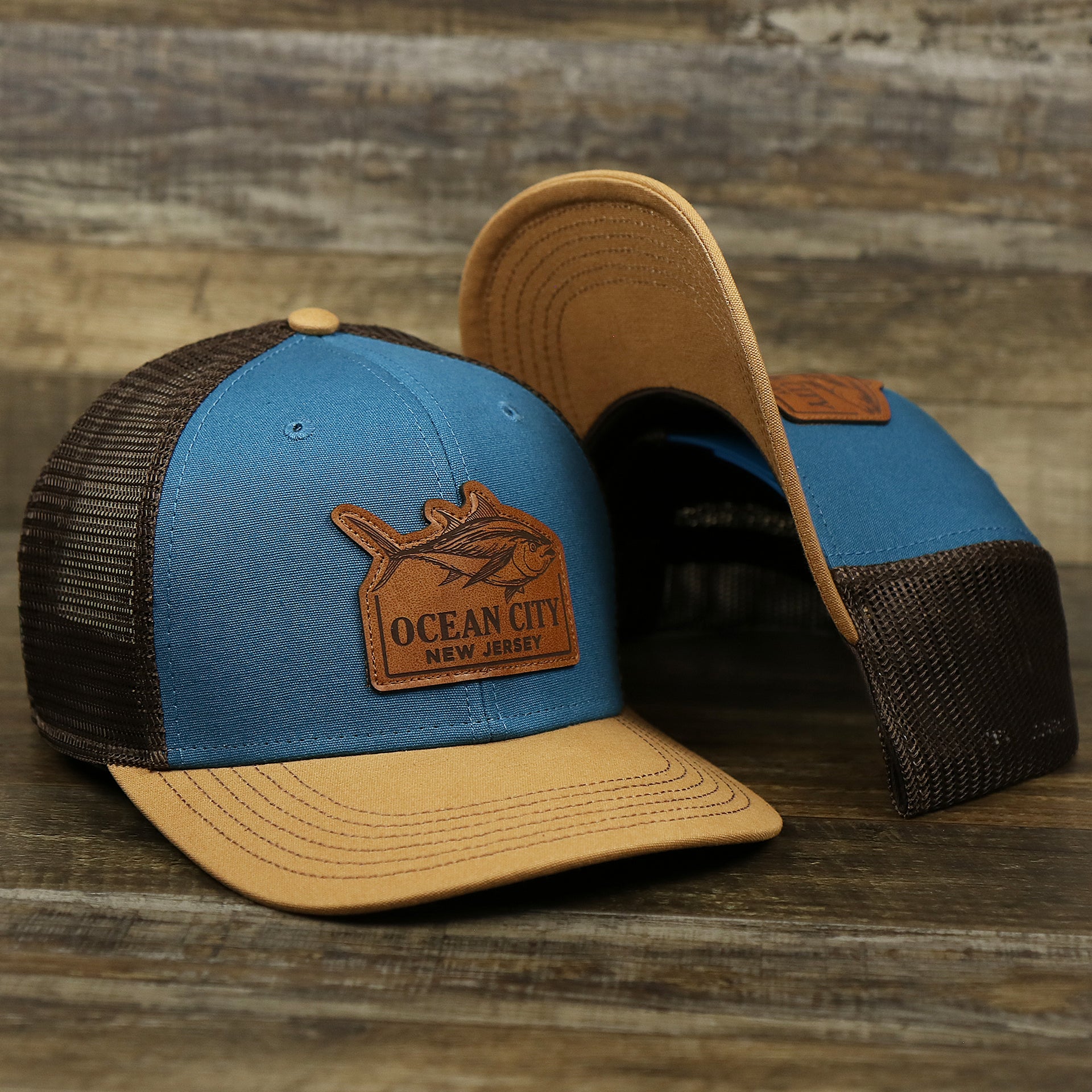 The Ocean City Leather Tuna Patch New Jersey Mesh Back Trucker Hat | Marine Blue Mesh Trucker Hat