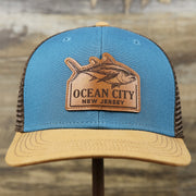 The front of the Ocean City Leather Tuna Patch New Jersey Mesh Back Trucker Hat | Marine Blue Mesh Trucker Hat