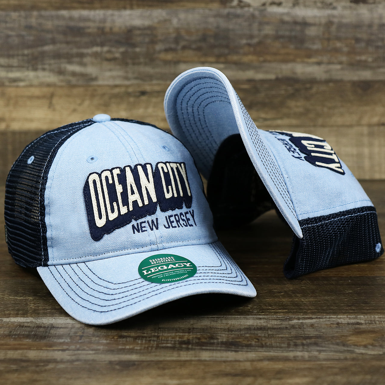 The OCNJ Block Ocean City Wordmark Mesh Trucker Hat | Light Blue Trucker Hat