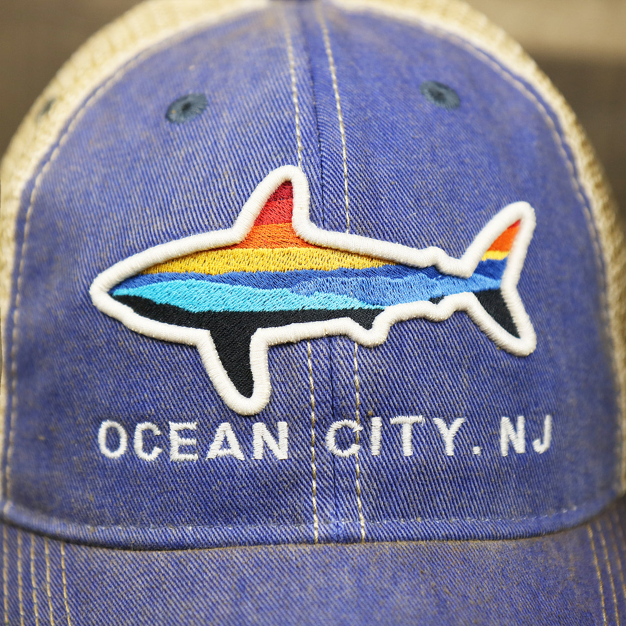 Youth Ocean City Horizon Shark Vintage Mesh Back Worn Colorway Trucker Hat | Blue Trucker Hat