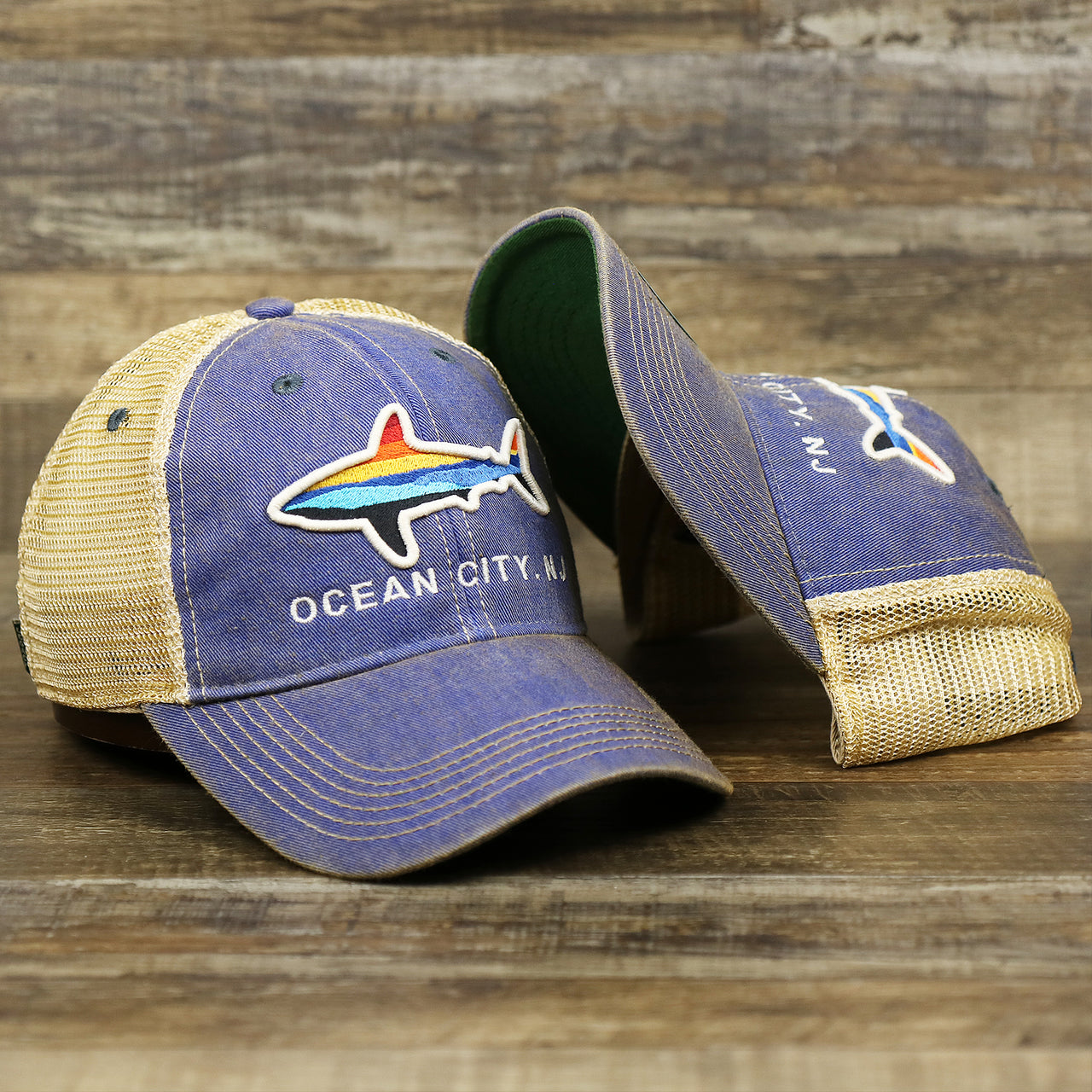 The Ocean City Horizon Shark Vintage Mesh Back Worn Colorway Trucker Hat | Blue Trucker Hat