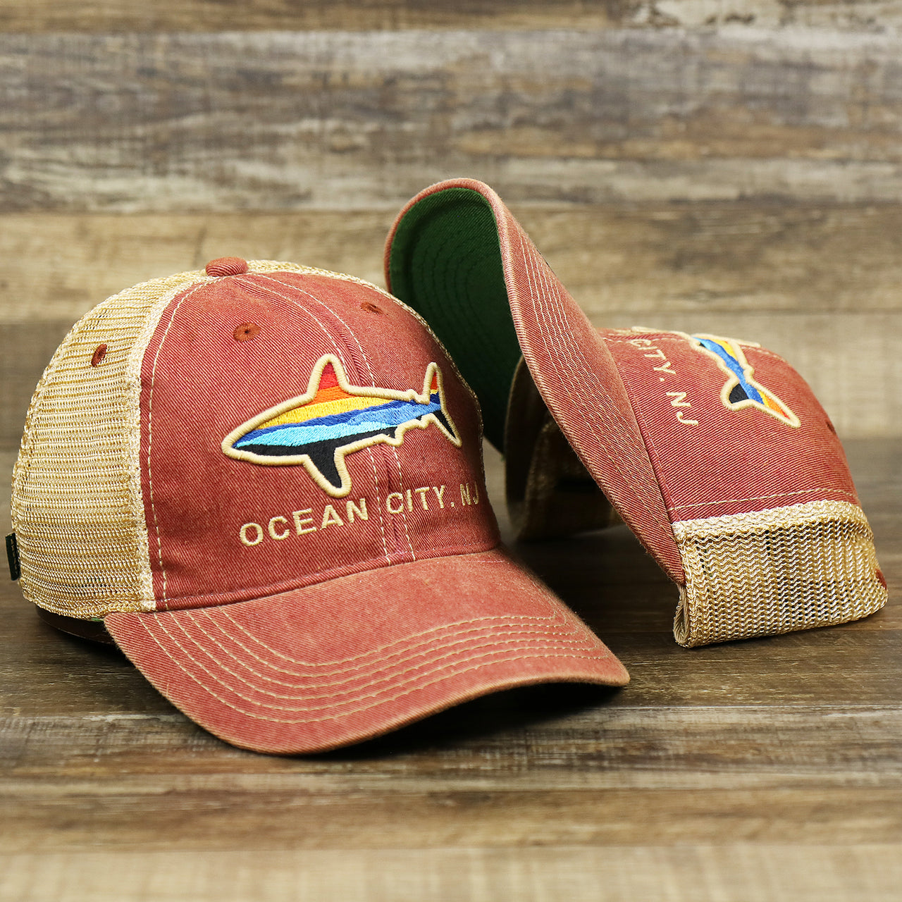 The Ocean City Horizon Shark Vintage Mesh Back Worn Colorway Trucker Hat | Cardinal Trucker Hat