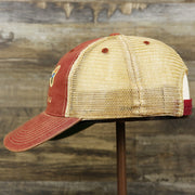 The wearer's left on the Ocean City Horizon Shark Vintage Mesh Back Worn Colorway Trucker Hat | Cardinal Trucker Hat