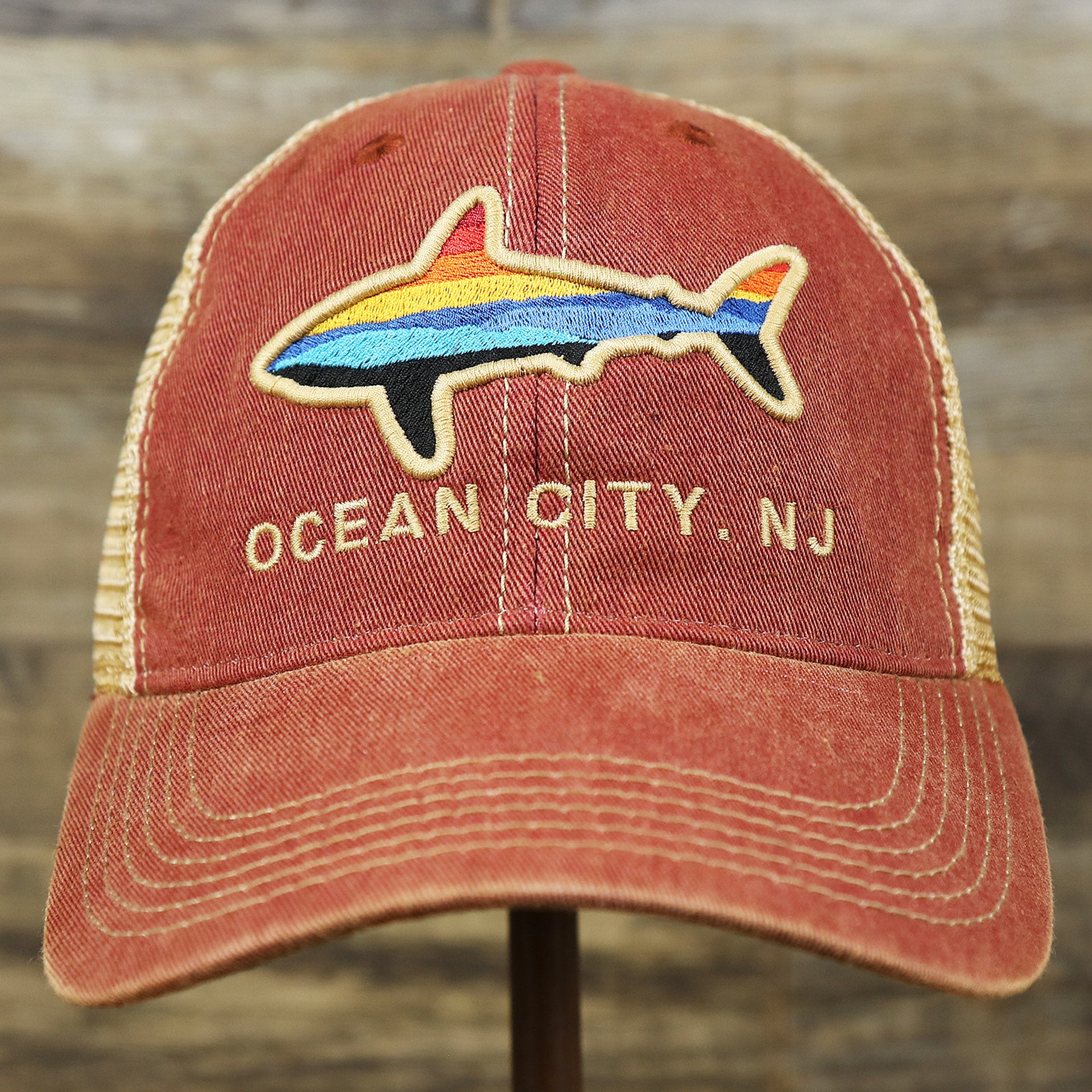 The front of the Ocean City Horizon Shark Vintage Mesh Back Worn Colorway Trucker Hat | Cardinal Trucker Hat
