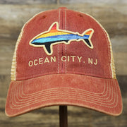 The front of the Youth Ocean City Horizon Shark Vintage Mesh Back Worn Colorway Trucker Hat | Cardinal Trucker Hat