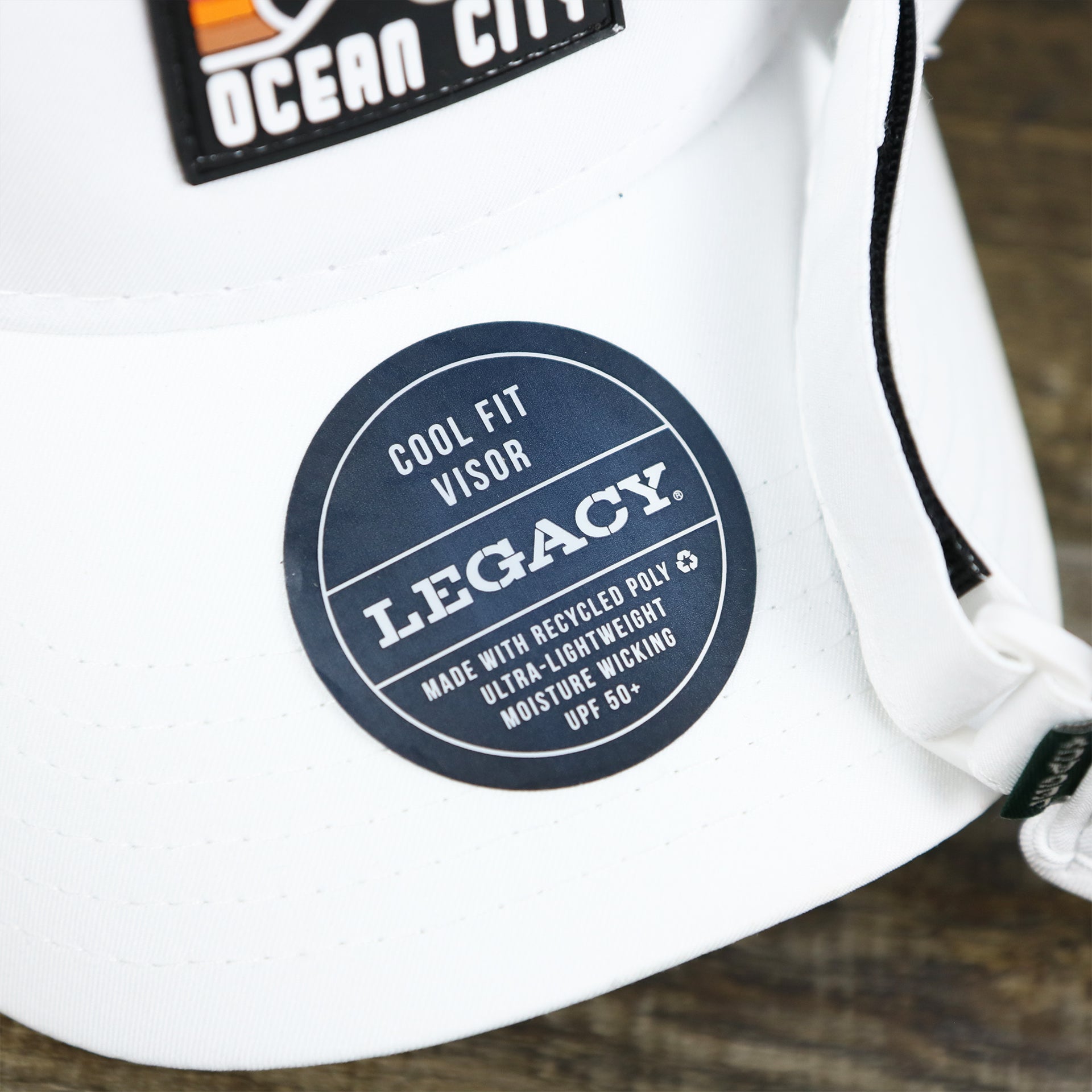 The Legacy Sticker on the New Jersey High Point PVC Ocean City Rubber Patch Cool Fit Adjustable Visor | White Visor