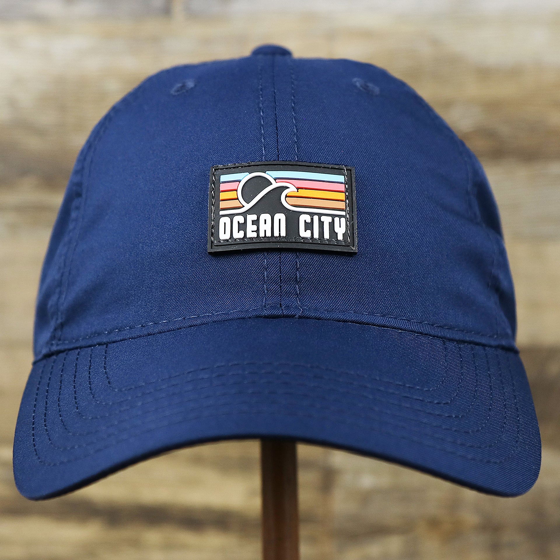 The front of the New Jersey High Point PVC Ocean City Rubber Patch Cool Fit Adjustable Dad Hat | Navy Blue Dad Hat